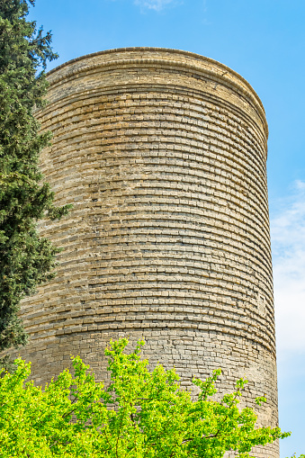 The landmark, medieval Maiden Tower in old town Baku Azerbaijan on a sunny day, a UNESCO World Heritage Site.