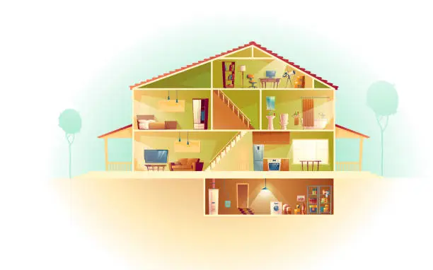 Vector illustration of Vector cartoon house in cross section, background