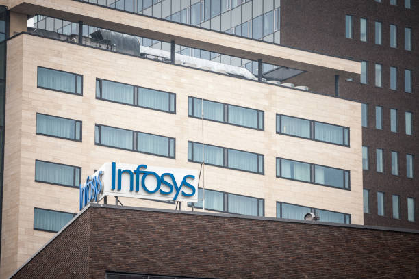 Infosys logo in front of their office for Brno. Infosys is an Indian company specialized in Outsourcing, business consulting and information technology. stock photo