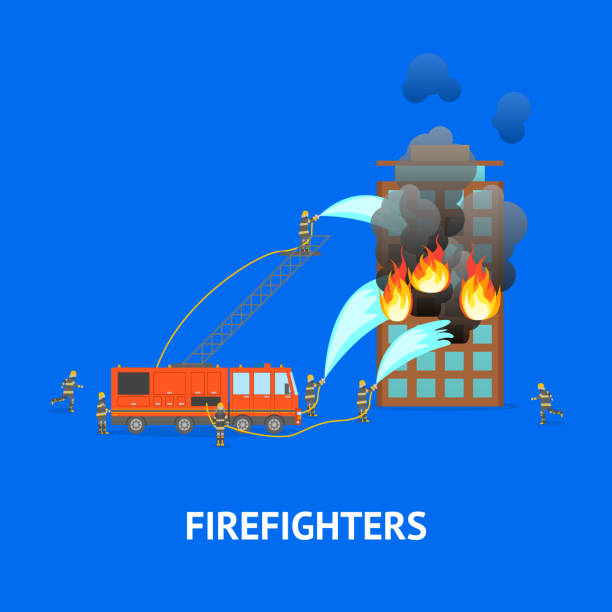 ilustrações, clipart, desenhos animados e ícones de cartoon firefighting in city . vetor - outdoor fire