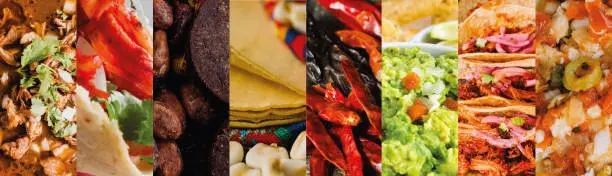 Photo of Mexican food: Collage of typical dishes of Mexico including tacos, guacamole, chocolate, birria, chili, tortilla and bacalao a la vizcaina