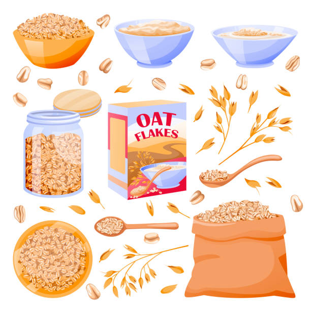 ilustrações de stock, clip art, desenhos animados e ícones de oats cereal grain in sack. oatmeal porridge in glass jar and bowl. vector illustration. breakfast food design elements - oatmeal