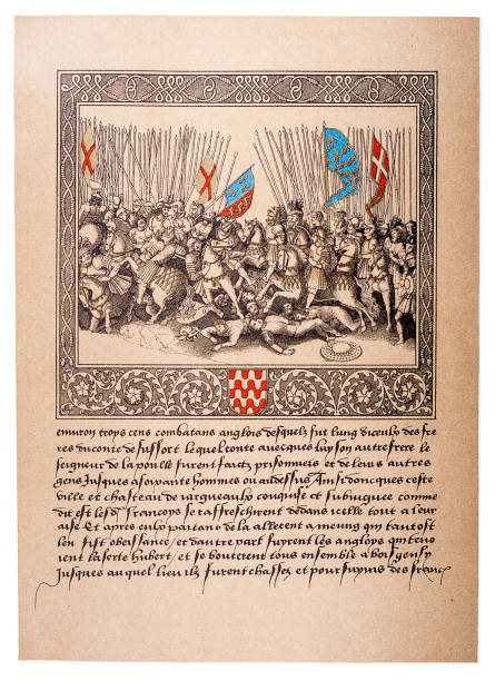 ilustraciones, imágenes clip art, dibujos animados e iconos de stock de batalla de agincourt de la chronique de france de enguerrad de monstrelet, mostrada en miniatura por el maestro de los libros de oración de la página de un manuscrito francés del siglo xvi, del 2o volumen del chronique de montrelet. biblioteca nacional  - manuscript medieval medieval illuminated letter old