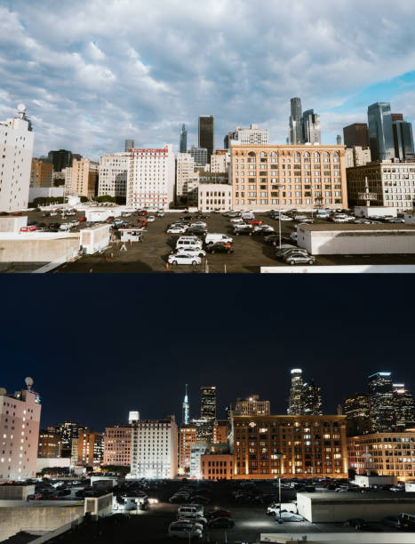 foto diurno e notturno dello stesso paesaggio urbano di los angeles - sequenza giorno e notte foto e immagini stock