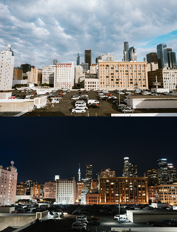 Two images from the same vantage point of downtown L.A. California, one during the day and the other at night.