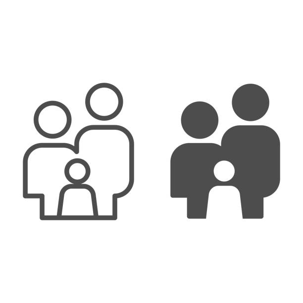 Garis angka sederhana keluarga dan ikon padat. Orang tua dan anak berdiri bersama simbol, garis besar pictogram gaya pada latar belakang putih. Tanda hubungan untuk konsep seluler atau desain web. Grafik vektor