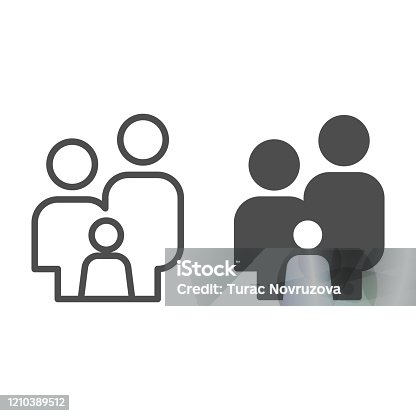 istock Family simple figures line and solid icon. Parents and child stand together symbol, outline style pictogram on white background. Relationship sign for mobile concept or web design. Vector graphics. 1210389512