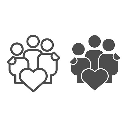 istock Happy family line and solid icon. Hugging people group with heart shape symbol, outline style pictogram on white background. Relationship sign for mobile concept and web design. Vector graphics. 1210390122