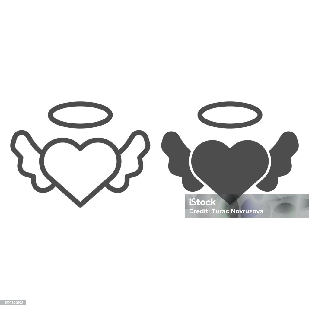 Cuore d'angelo con linea ali e icona solida. Amore angelico, forma alata e simbolo dell'alone, pittogramma in stile contorno su bianco. Segno di articolo di San Valentino per il concetto mobile o il web design. Grafica vettoriale. - arte vettoriale royalty-free di Vettoriale