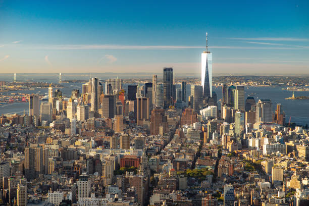 istock Amazing aerial panoramic view of Manhattan wit sunset 1210391509