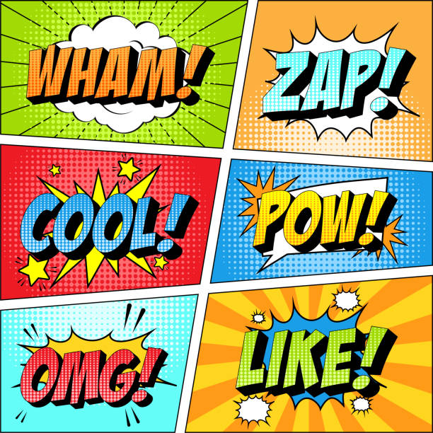 bunte satz von comic-ikone im pop-art-stil. wham, zap, cool, pow, omg, wie. - exclamation point speech speech bubble green stock-grafiken, -clipart, -cartoons und -symbole