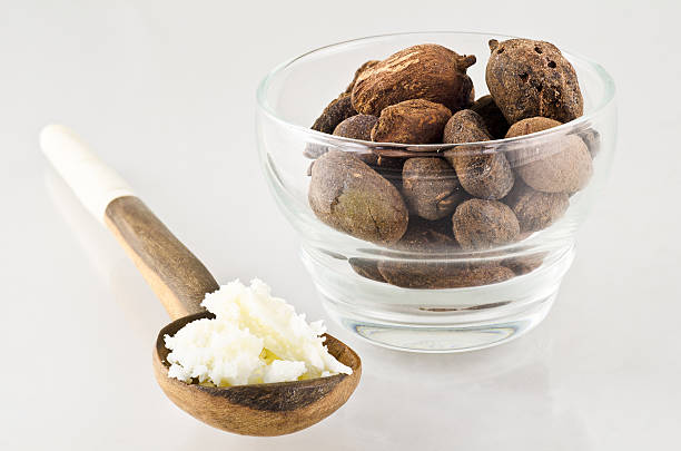 spoon with shea butter and nuts stock photo