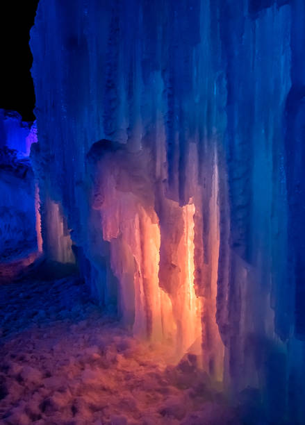 colorful ice castle formations at night time - lake dillon imagens e fotografias de stock