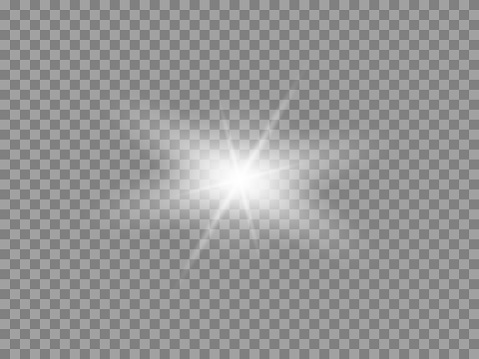 Vector glowing light effect. Shine, glare, flare, flash illustration. White star png on transparent.