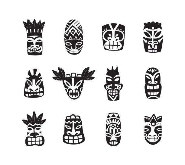 Black and white tiki mask drawing icon set isolated on white background Black and white tiki mask drawing icon set isolated on white background - Hawaiian and Polynesian culture totem heads with painted ornaments, flat vector illustration tiki mask stock illustrations