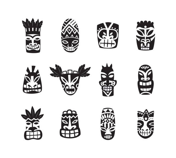 Black and white tiki mask drawing icon set isolated on white background Black and white tiki mask drawing icon set isolated on white background - Hawaiian and Polynesian culture totem heads with painted ornaments, flat vector illustration totem pole face stock illustrations