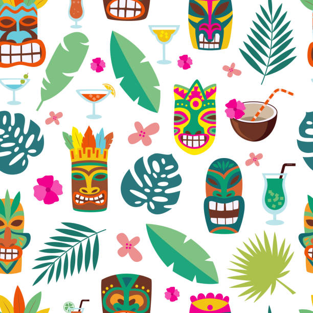Tropical leaves and totem masks in seamless pattern, cartoon vector illustration. Tropical leaves and totem masks in seamless pattern texture, cartoon vector illustration. Summer vacation exotic endless background for textile prints and cards. tiki mask stock illustrations