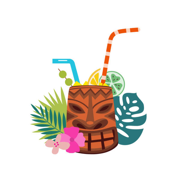 Tiki cocktail mug with fresh tropical drink, straw and fruit decorations Tiki cocktail mug with fresh tropical drink, straw and fruit decorations isolated on white background - exotic summer beverage on mask glass with leaves, flat vector illustration tiki mask stock illustrations