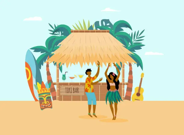 Vector illustration of Hawaiian ocean coast with characters and beach bar, flat vector illustration.