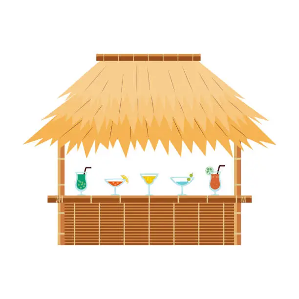 Vector illustration of Tropical tiki bar hut with cocktail drinks on counter - exotic beach cafe