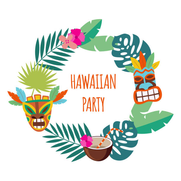 hawaiian partei banner mit blättern und maske flachen vektor illustration isoliert. - hawaii islands luau hula dancing hawaiian culture stock-grafiken, -clipart, -cartoons und -symbole