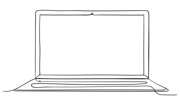 ilustraciones, imágenes clip art, dibujos animados e iconos de stock de computadora portátil línea continua arte ilustración vectorial. - un solo objeto ilustraciones