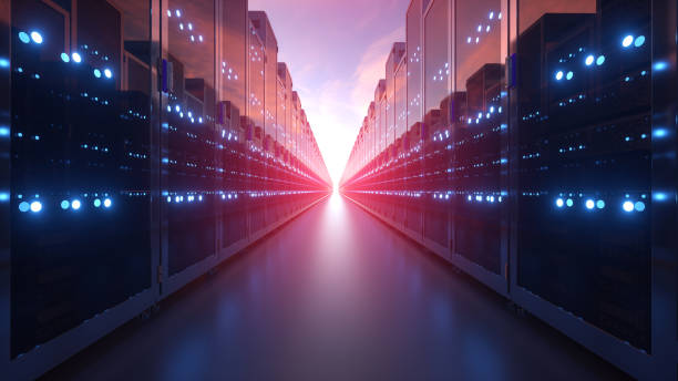 representación 3d de filas de servidores de red máquina granja de servidores de hardware de computación en la nube en el fondo del cielo azul - data technology network server center fotografías e imágenes de stock