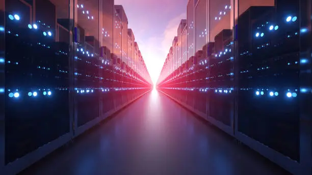 Photo of 3d rendering of rows of network servers machine farm cloud computing hardware on blue sky background