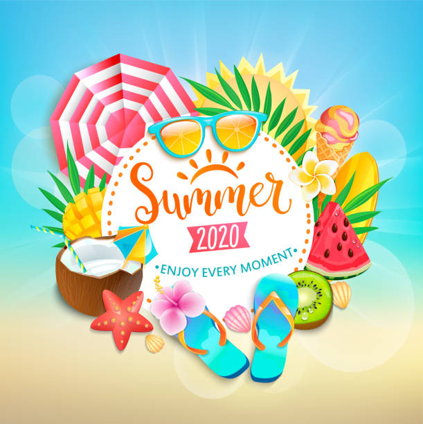 ilustrações de stock, clip art, desenhos animados e ícones de summer 2020 greeting banner. - summer party drink umbrella concepts