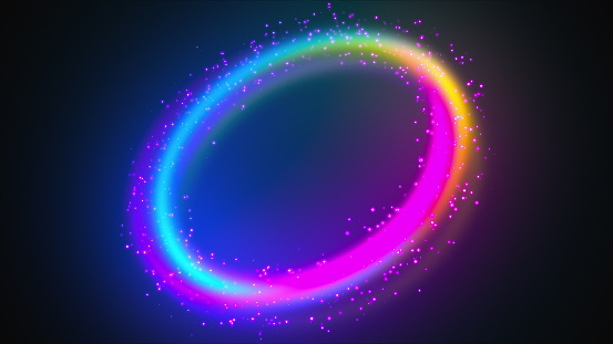 Ring shape from rainbow lines and colored luminous particles. 3d render computer generated abstract background