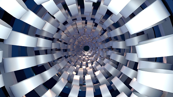Computer generated technological tunnel. 3d rendering abstract backdrop. Inside a spiral corridor Space of the future.