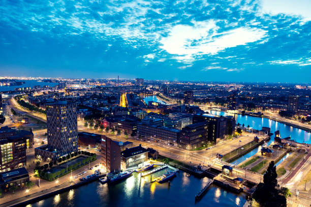 Aerial view of the Rotterdam skyline by night