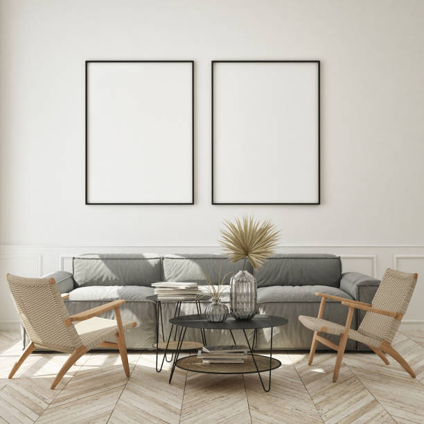 istock mock up poster frame in modern interior background, scandinavian style, 3D render 1210410461