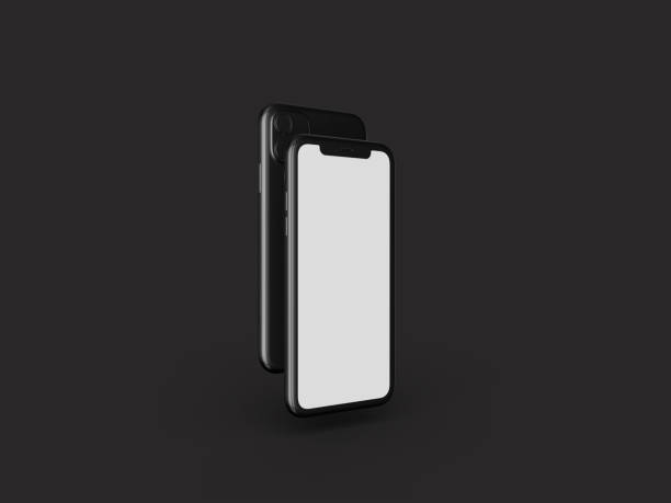 istock Smartphones in perspective - mockup front side with white screen and back side with camera - black clay render 1210411750