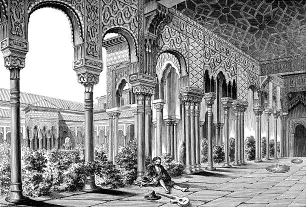 Bекторная иллюстрация Средневековая внутренний двор Alhambra дворец в Гранаде, Испания