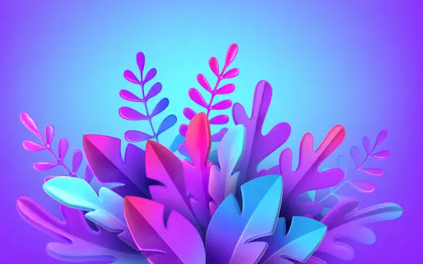 Vector illustration of Bright stylish 3D foliage in the style of webdesign neomorphism. Template for advertising banner, flyer, flyer, poster, web page. Vector illustration