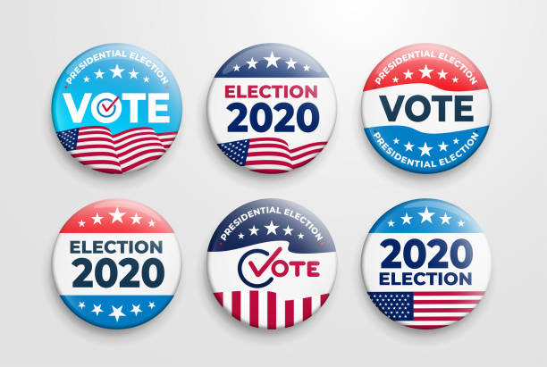 Set of 2020 United States of America presidential election button design. Voting 2020 Icon. Government, and patriotic symbolism and colors. Label vector illustration. Isolated on white background. Set of 2020 United States of America presidential election button design. Voting 2020 Icon. Government, and patriotic symbolism and colors. Label vector illustration. Isolated on white background. election candidate stock illustrations