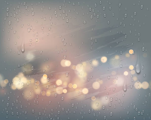 ilustraciones, imágenes clip art, dibujos animados e iconos de stock de las luces nocturnas de la ciudad atraviesan una ventana de niebla con gotas de lluvia. ilustración vectorial - weather cloud window rain