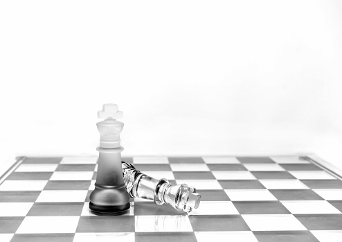 Two King chess pieces on a board in mono