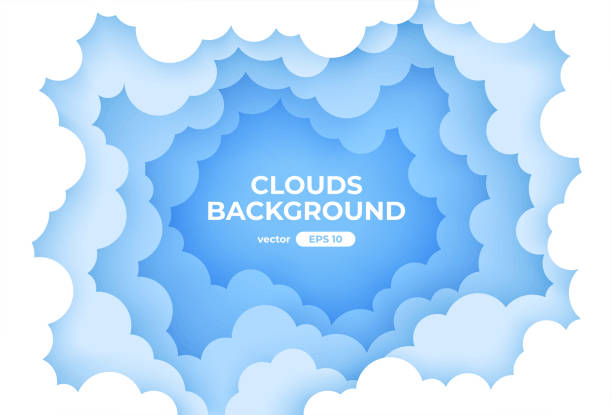 雲の円フレーム。白い雲の背景を持つ青空。雲の丸い境界線。ペーパーカット。シンプルな漫画のデザイン。バナー、ポスター、チラシテンプレート。フラットスタイルベクトル eps10 イラス - fluffy点のイラスト素材／クリップアート素材／マンガ素材／アイコン素材