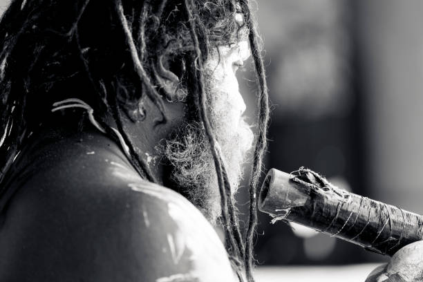 retrato de macho aborígene com dreadlocks e didgeridoo, fundo com espaço de cópia - aborigine didgeridoo indigenous culture australia - fotografias e filmes do acervo