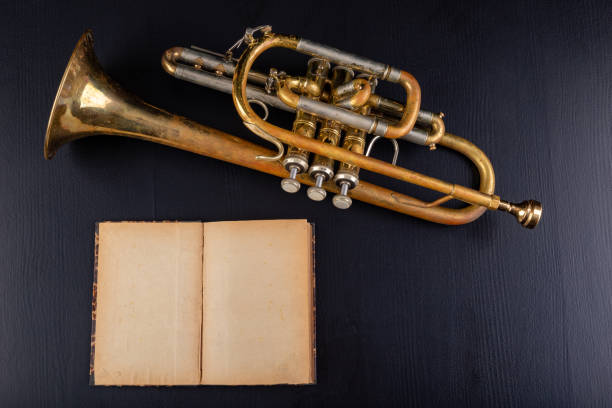 loss covered with patina trunk and an open book. musical instrument on the table. dark background. - bugle trumpet brass old fashioned imagens e fotografias de stock