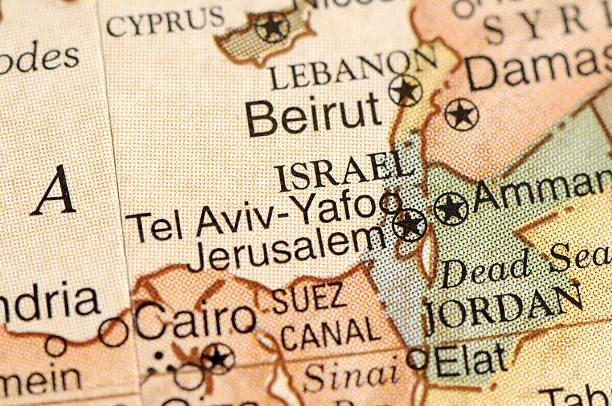 Israel A close-up/macro photograph of Israel and surrounding area from a desktop globe. Adobe RGB color profile. lebanon beirut stock pictures, royalty-free photos & images