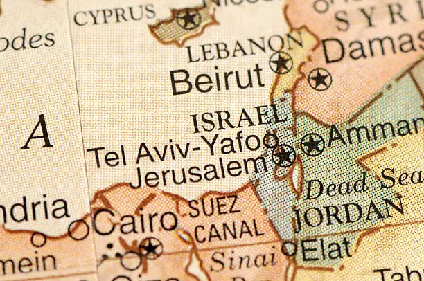 A close-up/macro photograph of Israel and surrounding area from a desktop globe. Adobe RGB color profile.