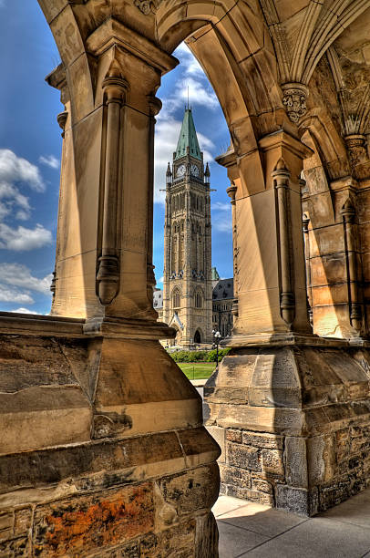 Peace Tower An edited high dynamic range (HDR) photograph of the Peace Tower in Ottawa, Ontario, Canada. Part of the Canadian Parliament buildings. Adobe RGB color profile. parliament hill ottawa stock pictures, royalty-free photos & images