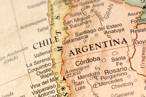 A close-up/macro photograph of Argentina from a desktop globe. Adobe RGB color profile.
