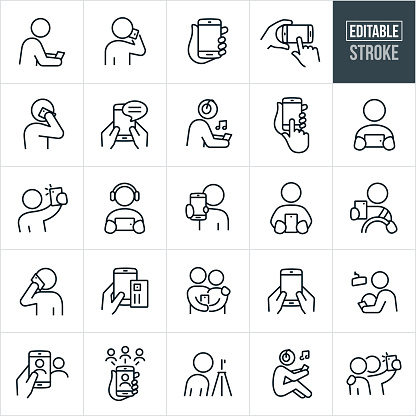 A set of smartphones icons that include editable strokes or outlines using the EPS vector file. The icons include people using smartphones in different ways and include a person looking at a smartphone, person talking on their mobile phone, hand holding a smartphone, person texting on a smartphone, person listening to music on their smartphone, person watching their smartphone, person taking a selfie with their mobile phone, person driving while on their smartphone, person using their smartphone to make a purchase, person taking pictures with their smartphone, accessing social media on a smartphone and other related icons.