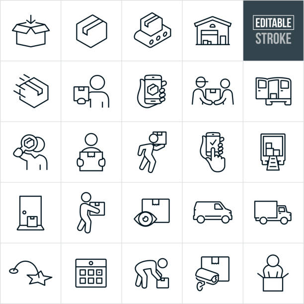 Package Delivery Thin Line Icons - Editable Stroke A set of package delivery and shipping icons that include editable strokes or outlines using the EPS vector file. The icons include packages, cardboard boxes, conveyor belt, warehouse, distribution, distribution warehouse, package delivery, customer holding package, package being tracked on smartphone, deliveryman delivering package to customer, delivery van, person holding package, person carrying package, delivery truck, package on doorstep, calendar, surveillance, customer opening package and others. warehouse stock illustrations