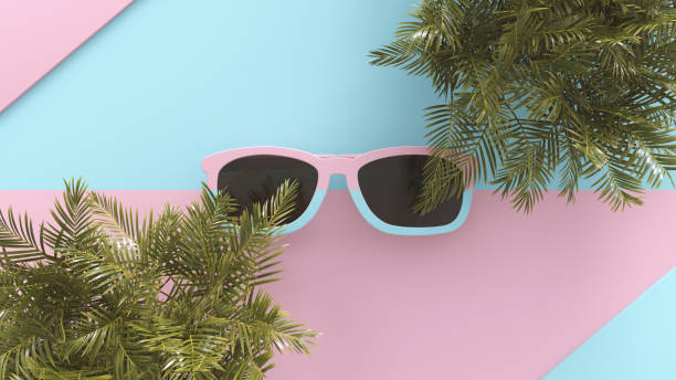 istock Creative summer layout with sunglasses and palm leaves on pastel colors background. Minimal summertime composition. Flat lay concept, top view. 3d rendering 1210426504