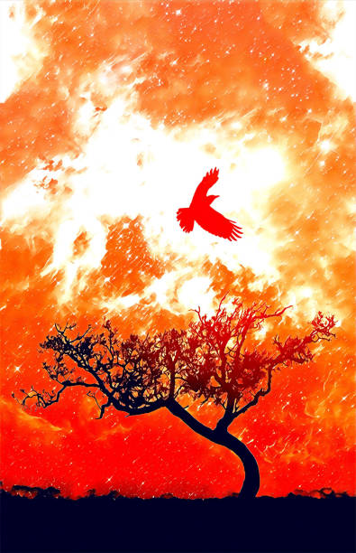 istock Ebook cover template - Lone tree silhouette with bird in flight with glowing orange galaxy stars digital illustration - elements of this image are furnished by NASA 1210426703